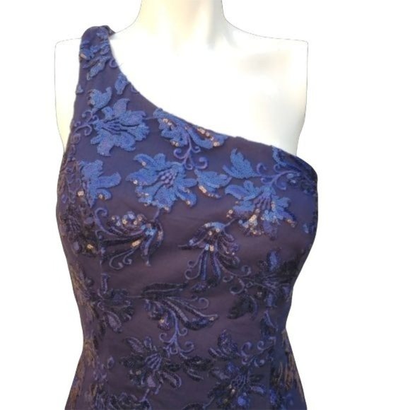 LUXURY ONE SHOULDER NAVY SEQUIN MAXI DRESS SZ S - Picture 4 of 16